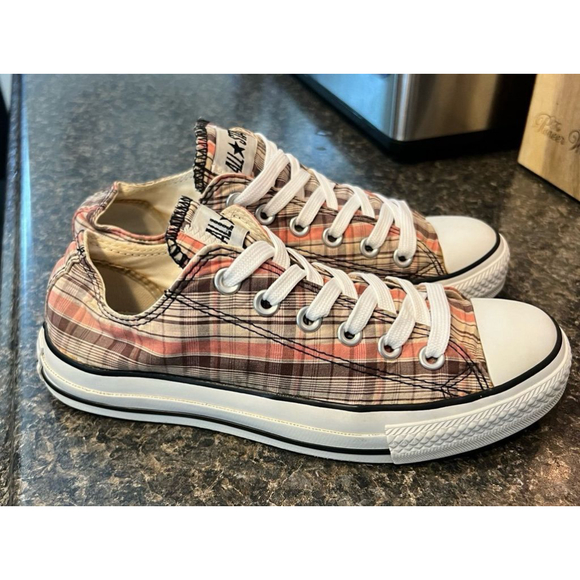 Converse All Star Chuck Taylor Brown Peach Plaid Lo Top Sneakers Shoes - Picture 5 of 9
